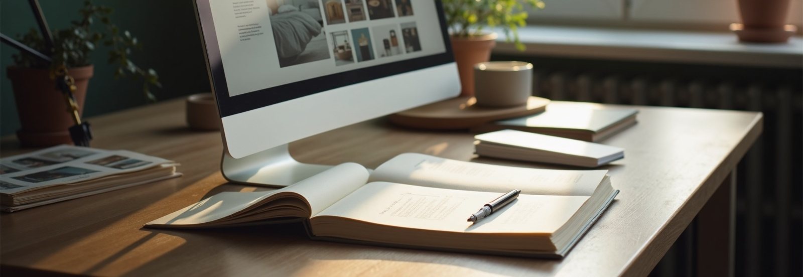 Arbeitsplatz mit Bildschirm, Notizbuch und Unterlagen in einem Münchner Büro