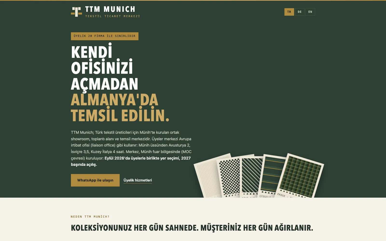 ttm-munich.de ana sayfası: Türk tekstil üreticilerinin Münih'teki ortak showroom sitesi.